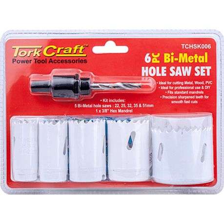 Tork Craft Hole Saw Set 6Pce Bi-Metal (22/25/32/35/51mm &amp; 3/8 Hex Mandrel)