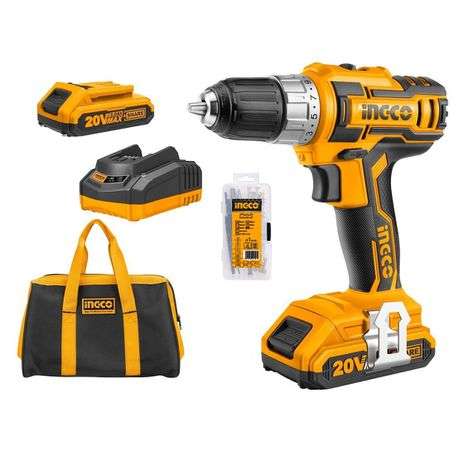 Ingco - Cordless Drill, 2 x 2Ah Batteries, Charger, Bag &amp; Accessory Set