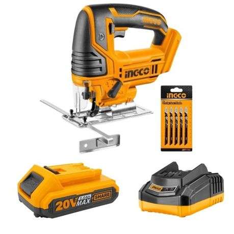 Ingco - Cordless Jigsaw with 5 Piece Saw blades, 1 x 2.0Ah &amp; 1 x Fast Charger