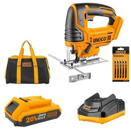 Ingco - Cordless Jigsaw with 5 Piece Saw blades, 2.0Ah, Charger &amp; Tool Bag