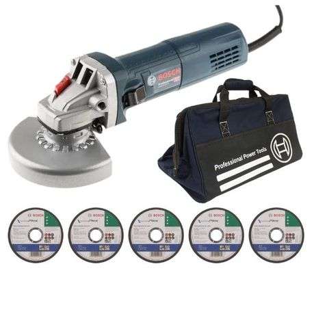 Bosch - Angle Grinder GWS 9-115, 5 x Cutting Discs 115mm &amp; Tool Bag