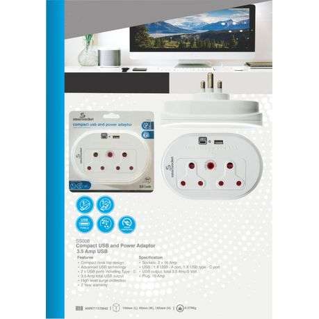 Smartsocket Compact USB and Power Adaptor 3.5 Amp USB - SS008