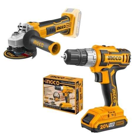 Ingco - Lithium-Ion Cordless Drill (20V) with Lithium-Ion Angle Grinder