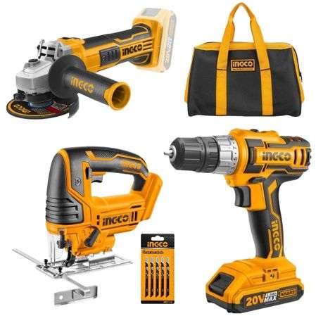 Ingco - Cordless Drill,Grinder and Jigsaw Set with Battery,Charger and Bag