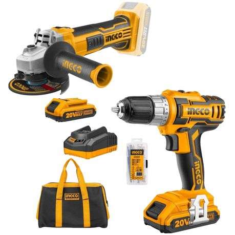 Ingco - Cordless Drill, Batteries, Charger, Bag with Cordless Angle Grinder