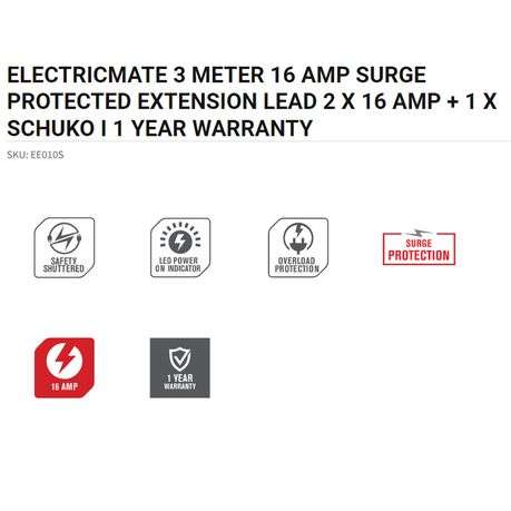 Electricmate 3 Meter 16 AMP Surge Protected Extension LED 2 X 16 AMP + 1 X Schuko