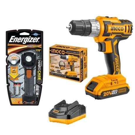 Ingco -Lithium-Ion Cordless Drill -20V, Battery, Charger &amp; Energizer Light