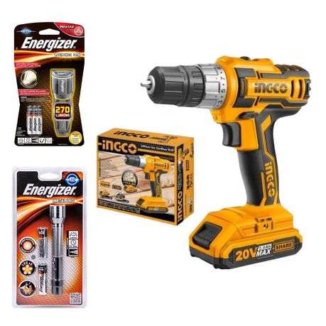 Ingco - Lithium-Ion Cordless Drill 20V,Battery,Charger &amp; Energizer Torches