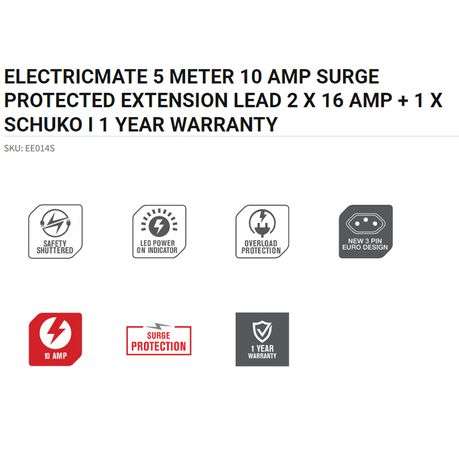 Electricmate 3 Meter 10 AMP Surge Protected Extension Lead 2 X 16 AMP + 1 X Schuko