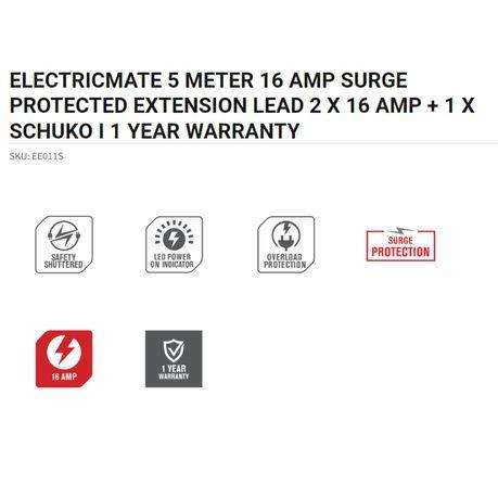 Electricmate 5 Meter 16 AMP Surge Protected Extension Led 2 X 16 AMP + 1 X Schuko