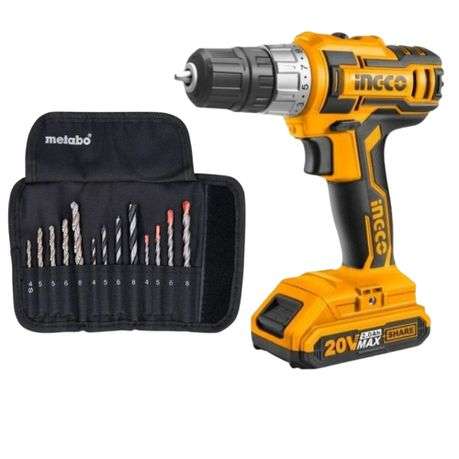 Ingco - Lithium-Ion Cordless Drill (20V) with 13Pc Drill Bit Assortment Set