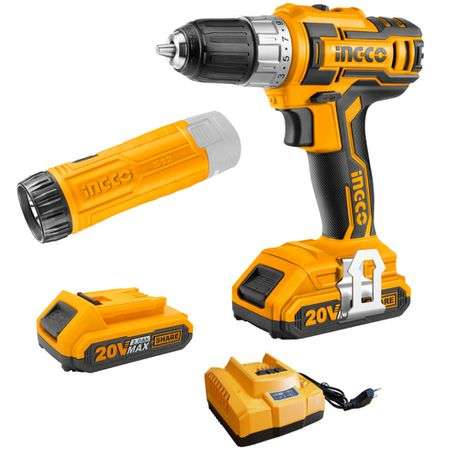 Ingco - Lithium Ion Cordless Drill (20V) with Lithium Ion Flashlight
