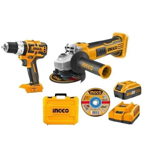 Ingco - Cordless Angle Grinder in Carry Case Kit + Brushless Impact Drill