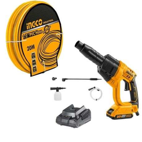 Ingco - Pressure Washer with 2.0AH Battery, Charger and Garden Hose (20M)
