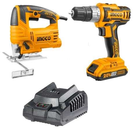 Ingco - Lithium Ion Cordless Drill 20V + Battery &amp; Charger + Jig Saw 570W