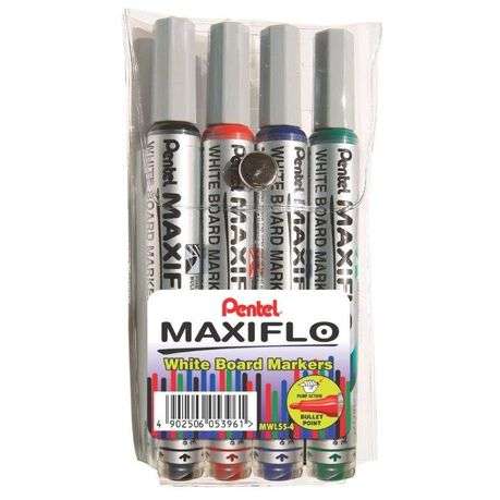 Pentel Maxiflo 4.0mm Bullet Tip Whiteboard Markers - Wallet of 4