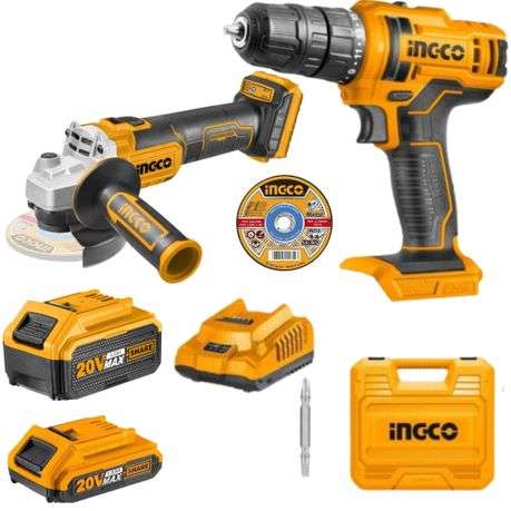 Ingco - Li-Ion Cordless Drill &amp; Angle Grinder with 4.0Ah Battery &amp; 10x Disc