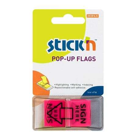 Stick'n Pop Up Neon Pink Printed Sign Here Flags 45x25mm - 50 per pad