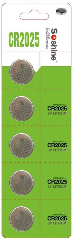 Soshine CR2025 5 Pack 3V Lithium Coin Battery 150mAh