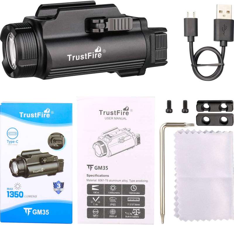 TrustFire GM35 Pistol Light - 1350 Lumens, 106m Throw, Rechargeable Tactical Flashlight