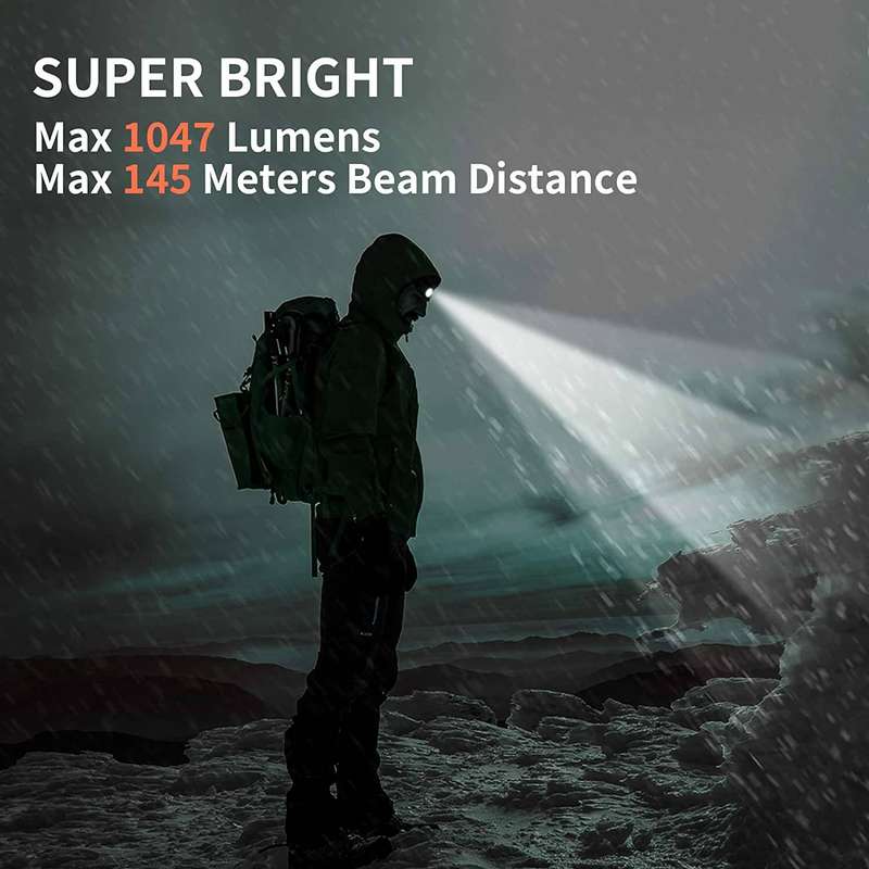 WOWTAC A2S 1047 Lumen 145m Throw Rechargeable Headlamp Flashlight Cool White
