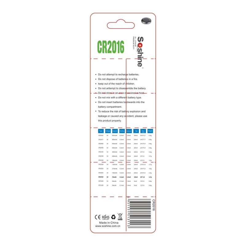 5x Soshine CR2016 Battery CR2016 Lithium 3V 90mAh 5-Pack