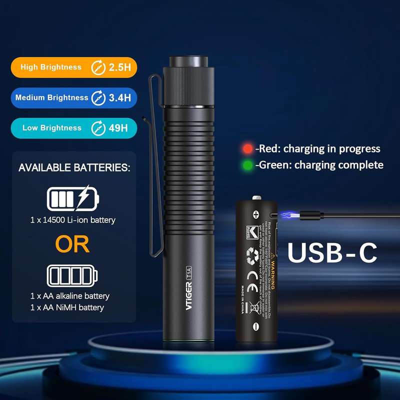 Vtiger T1A 1300 Lumen 170m Throw 14500/AA Rechargeable EDC Flashlight