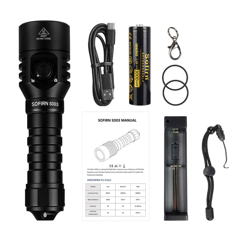 Sofirn SD03 1800 Lumen 447m Throw Rechargeable Diving Flashlight with 18650 Battery