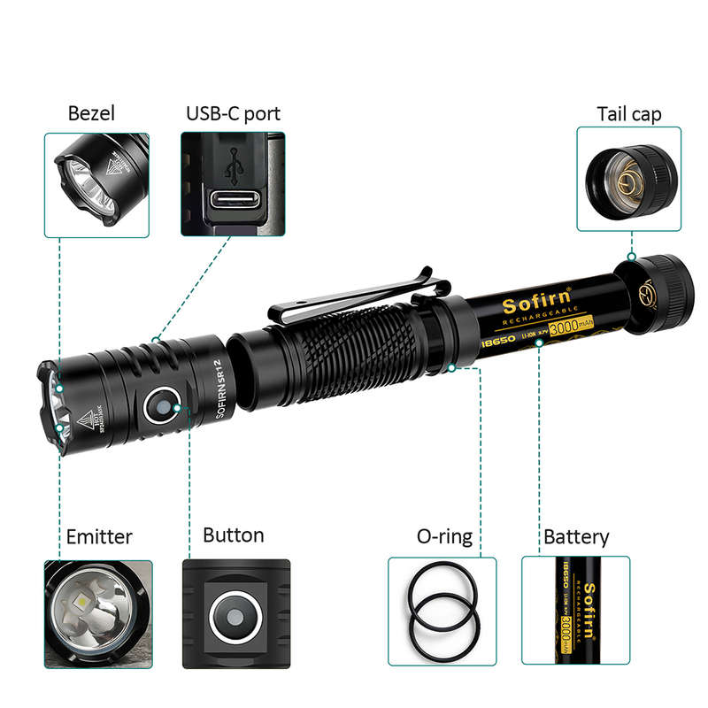 Sofirn SR12 1450 Lumen 130m Throw Rechargeable Flashlight with 18650 Battery