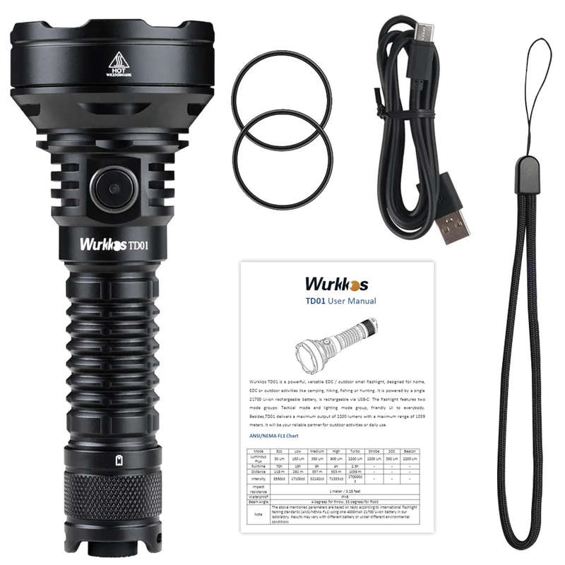 Wurkkos TD01 2200 Lumen 1039m Throw Rechargeable Tactical Flashlight with 21700 Battery