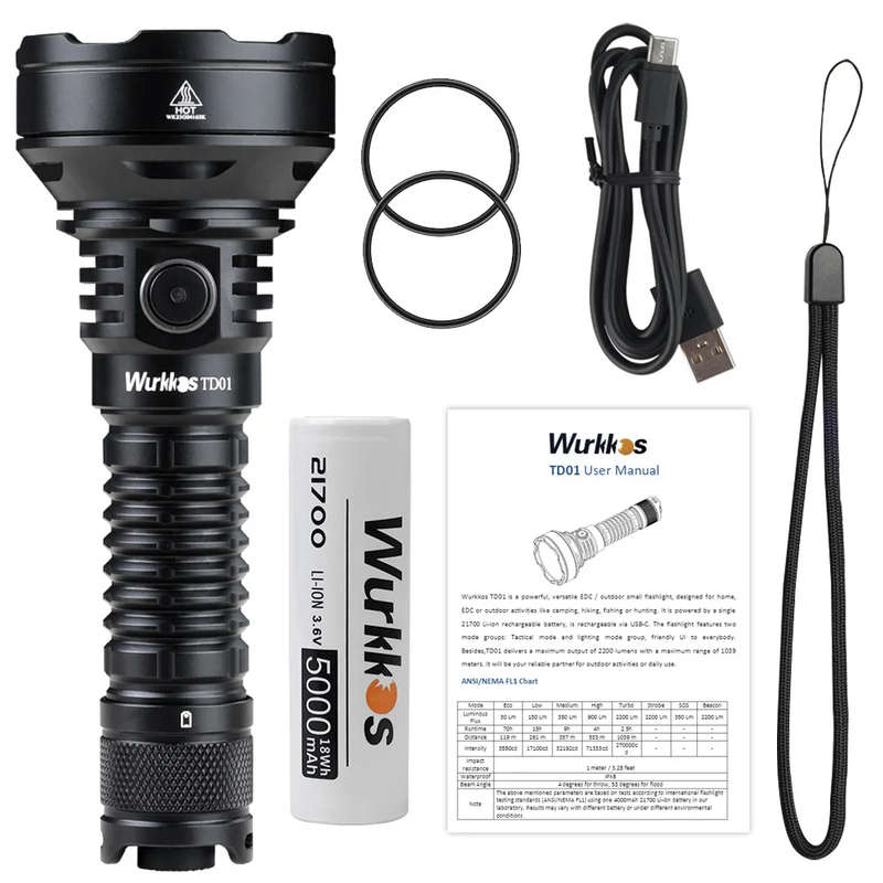 Wurkkos TD01C 1800 Lumen 1000m Throw Rechargeable Tactical Flashlight with 21700 Battery