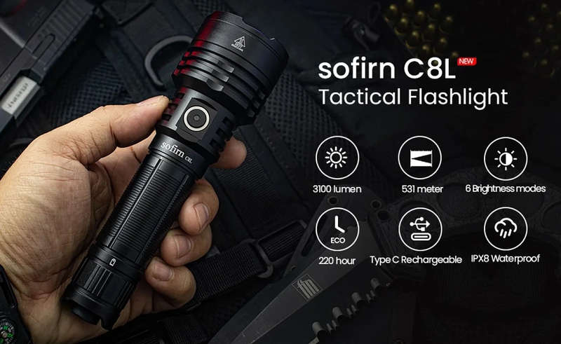 Sofirn C8L 3100 Lumen 531m Throw Rechargeable Flashlight with 21700 Battery