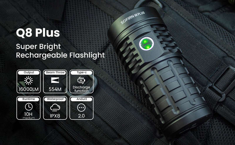 Sofirn Q8 Plus 16000 Lumen 554m Throw Rechargeable Flashlight with 3x 21700 Batteries