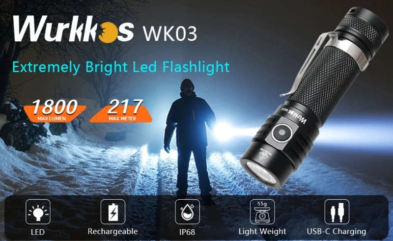Wurkkos WK03 1800 Lumen 217m Throw Rechargeable EDC Flashlight