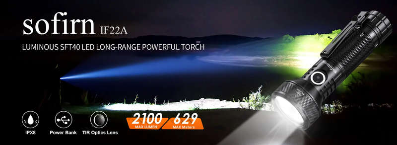 Sofirn IF22A 2100 Lumen 697m Throw Rechargeable Flashlight with 21700 Battery