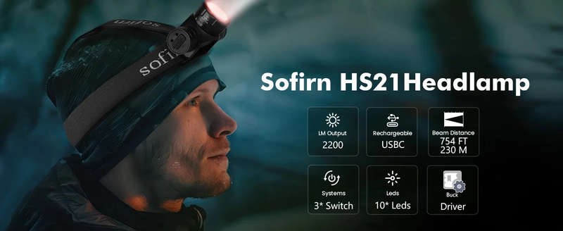 Sofirn HS21 2200 Lumen 230m Throw Rechargeable Headlamp with 18650 Battery