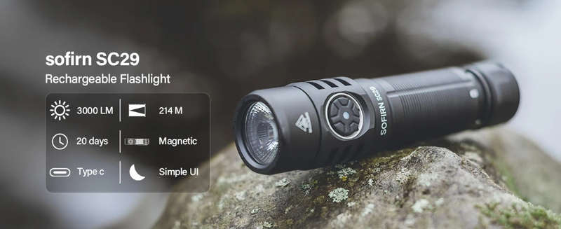 Sofirn SC29 3000 Lumen 142m Throw Rechargeable Flashlight with 21700 Battery
