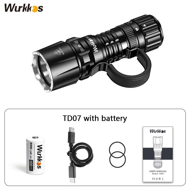 Wurkkos TD07 1300 Lumen 350m Throw Rechargeable Tactical Flashlight with 18350 Battery