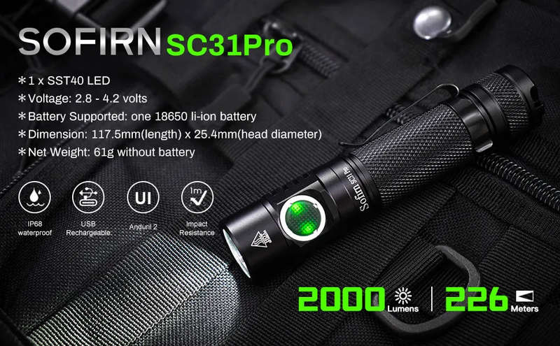 Sofirn SC31 Pro 2000 Lumen 255m Throw Rechargeable Flashlight with 18650 Battery