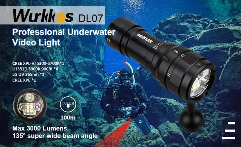 Wurkkos DL07 4180 Lumen +1000mW UV 77m Throw Rechargeable Diving Flashlight with 26650