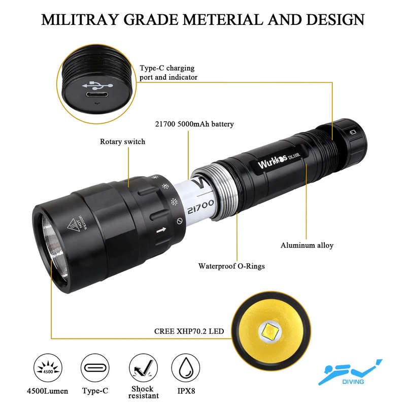 Wurkkos DL10R 4500 Lumen 287m Throw Rechargeable Diving Flashlight with 21700 Battery