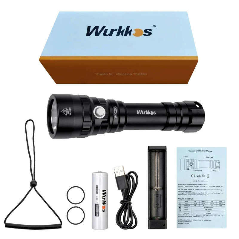 Wurkkos WK20S 2000 Lumen 363m Throw Rechargeable Diving Flashlight with 18650 Battery