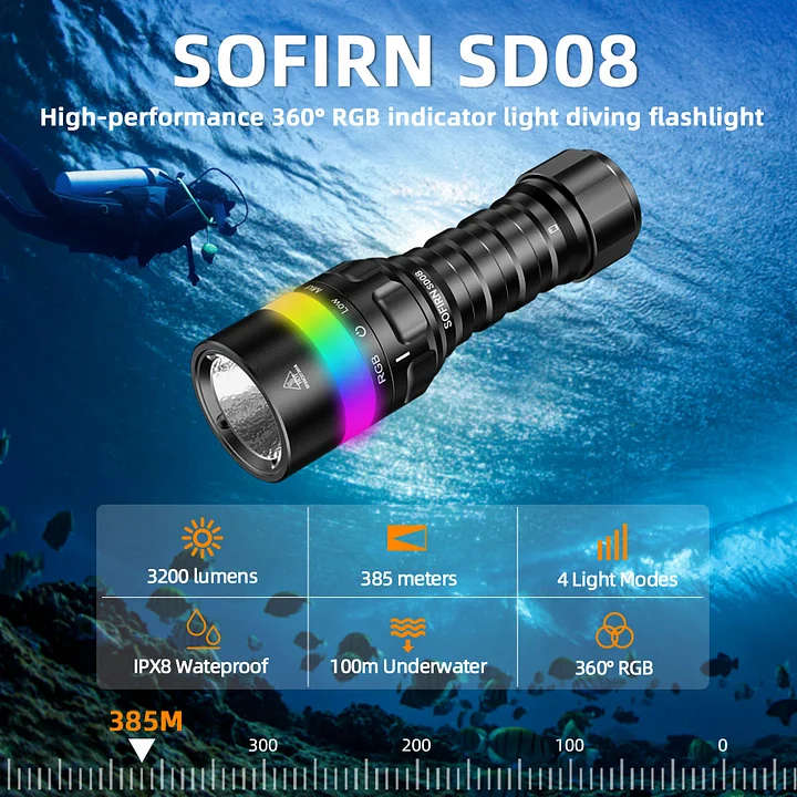 Sofirn SD08 3200 Lumen 385m Throw Rechargeable Diving Flashlight with 21700 Battery