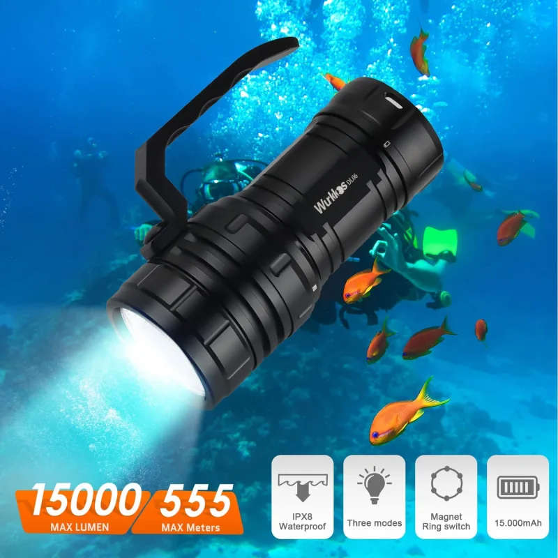Wurkkos DL06 15000 Lumen 555m Throw Rechargeable Diving Flashlight with 3x 21700 Batteries