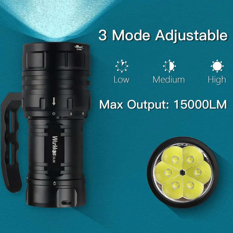Wurkkos DL06 15000 Lumen 555m Throw Rechargeable Diving Flashlight with 3x 21700 Batteries