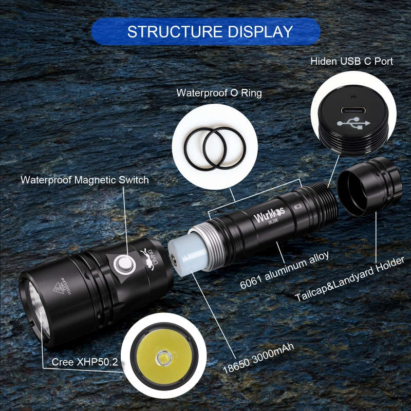 Wurkkos DL20R 3200 Lumen 249m Throw Rechargeable Diving Flashlight with 18650 Battery