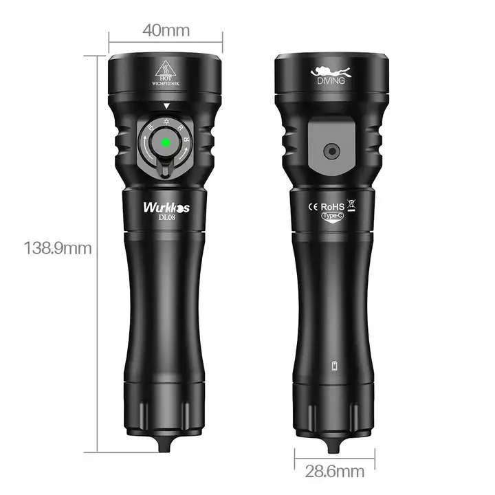 Wurkkos DL08 3600 Lumen 274m Throw Rechargeable Diving Flashlight with 21700 Battery