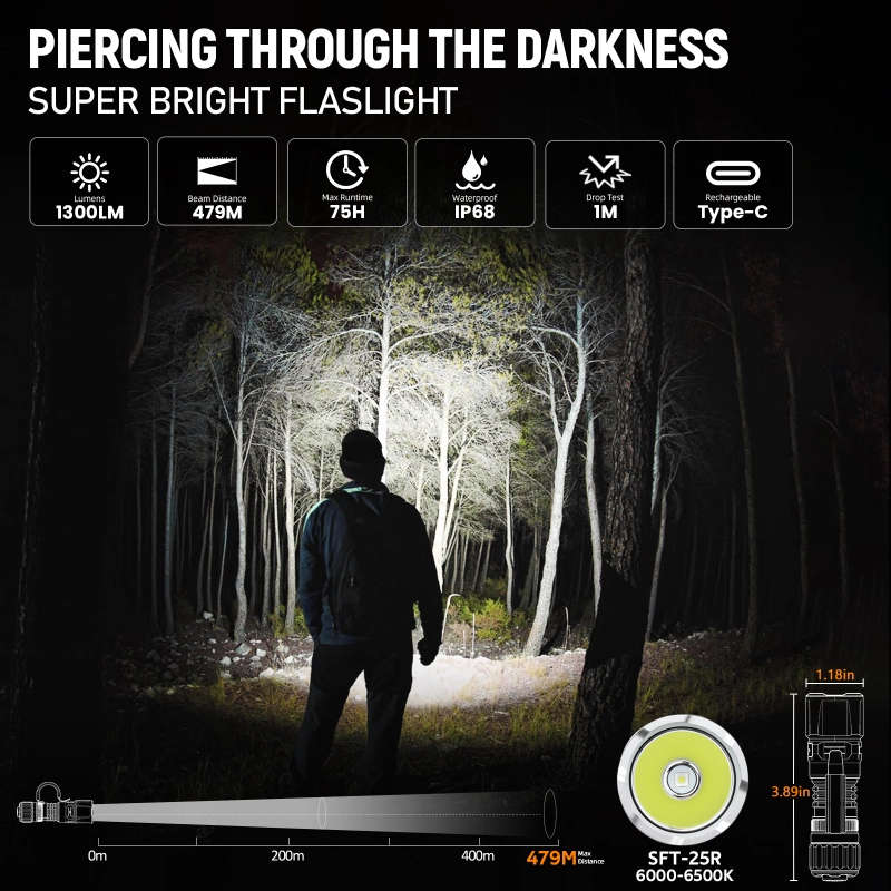 Wurkkos TD07 1300 Lumen 350m Throw Rechargeable Tactical Flashlight with 18350 Battery