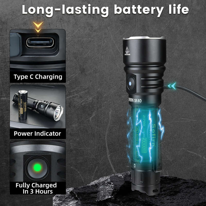 Sofirn SK40 3200 Lumen 580m Throw Rechargeable Tactical Flashlight with 21700 Battery