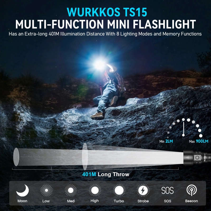 Wurkkos TS15 900 Lumen 401m Throw Rechargeable Mini Flashlight with 14500 Battery